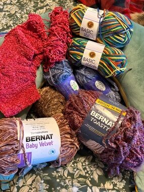 Bernat Baby Velvet & Assorted Yarn Bundle with Raspberry crochet beret started